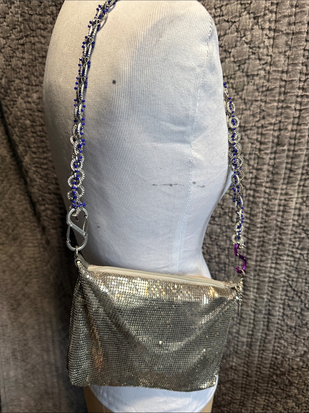 Silver Sequin Metal Mesh Shoulder Bag with Beaded Chain